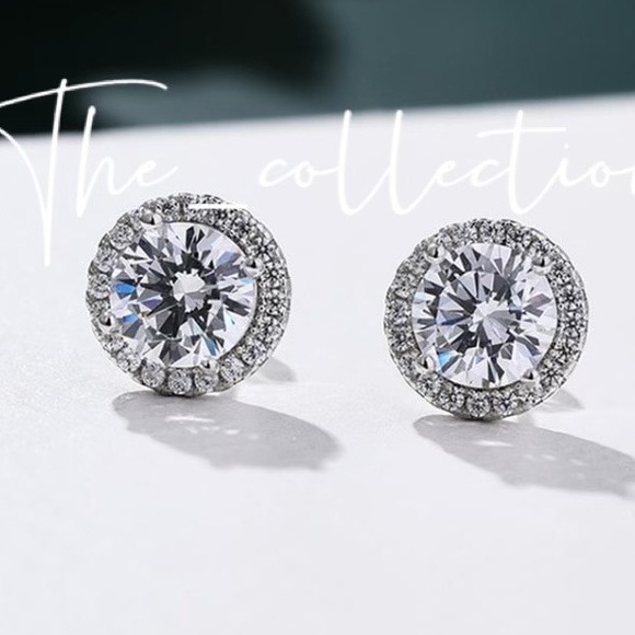 STERLING SILVER CLASSIC HALO ROUND CUT EARRINGS - Picture 2 of 3